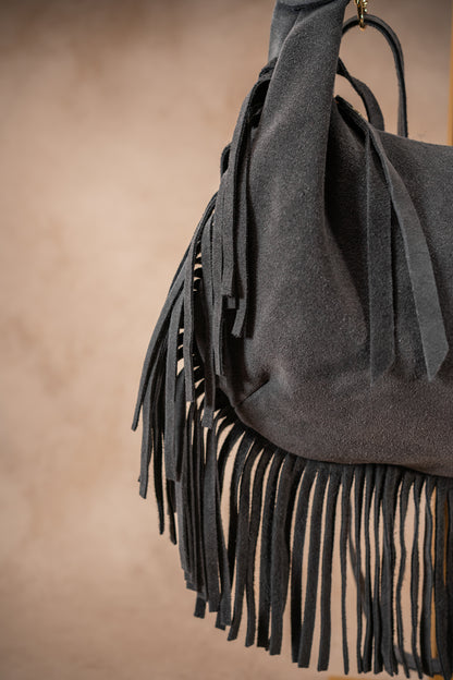 Leder-Handtasche mit Fransen, anthrazit