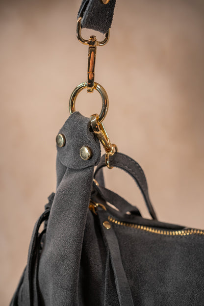 Leder-Handtasche mit Fransen, anthrazit