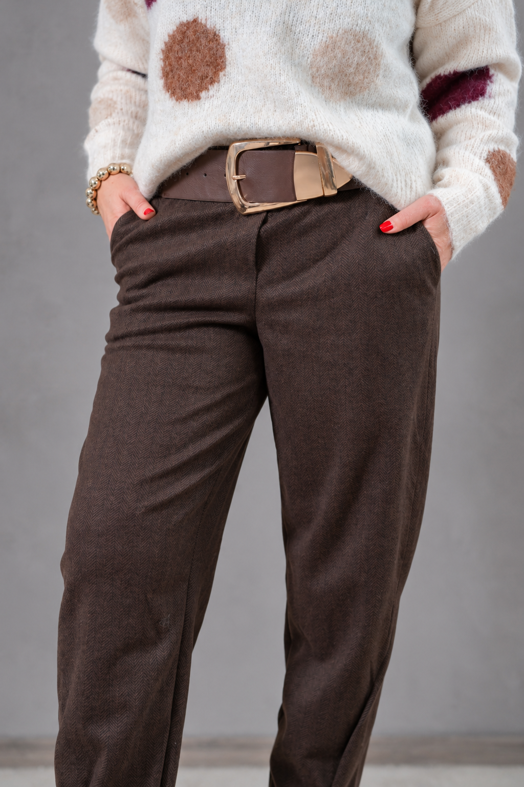 Flanellhose mit Fischgrätmuster, schokobraun