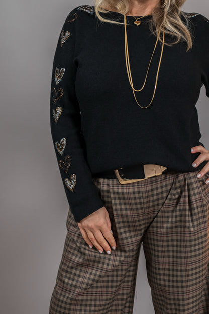 Strickpullover mit Glitzerherzen, schwarz