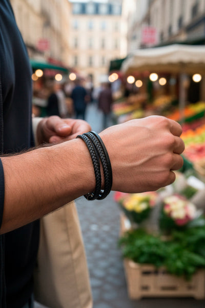 Lederarmband mit Edelstahlverschluss, schwarz/silber