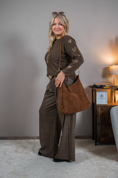 Strickpullover mit Glitzerherzen, dunkelbraun