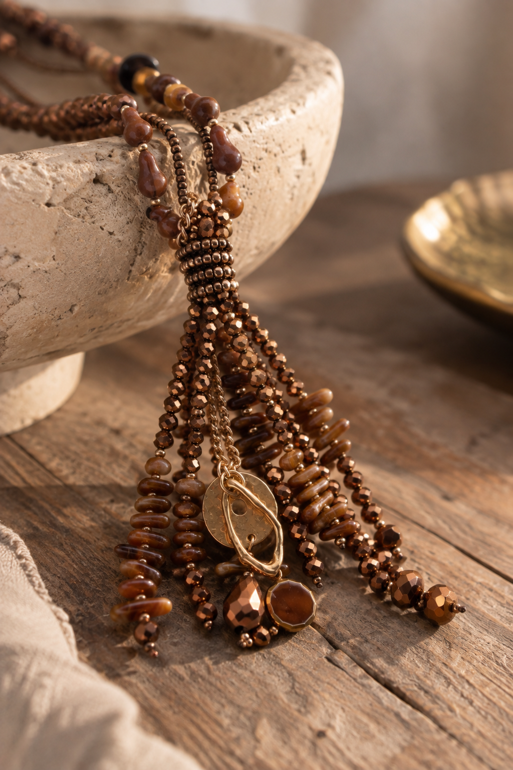 Boho-Statement-Kette 'Copper Cascade' - Perlen, Ketten-Fransen, bronze/gold