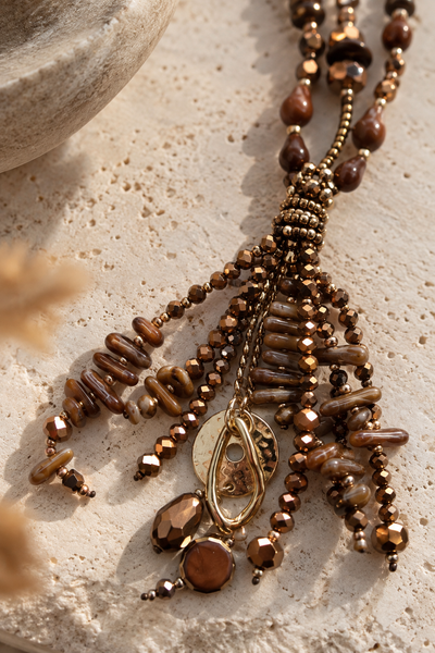 Boho-Statement-Kette 'Copper Cascade' - Perlen, Ketten-Fransen, bronze/gold