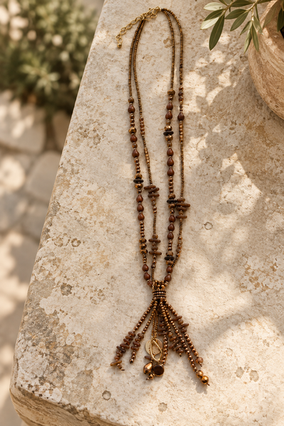 Boho-Statement-Kette 'Copper Cascade' - Perlen, Ketten-Fransen, bronze/gold