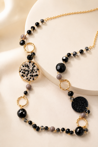 Boho Perlen Statement-Kette Schwarz/Gold