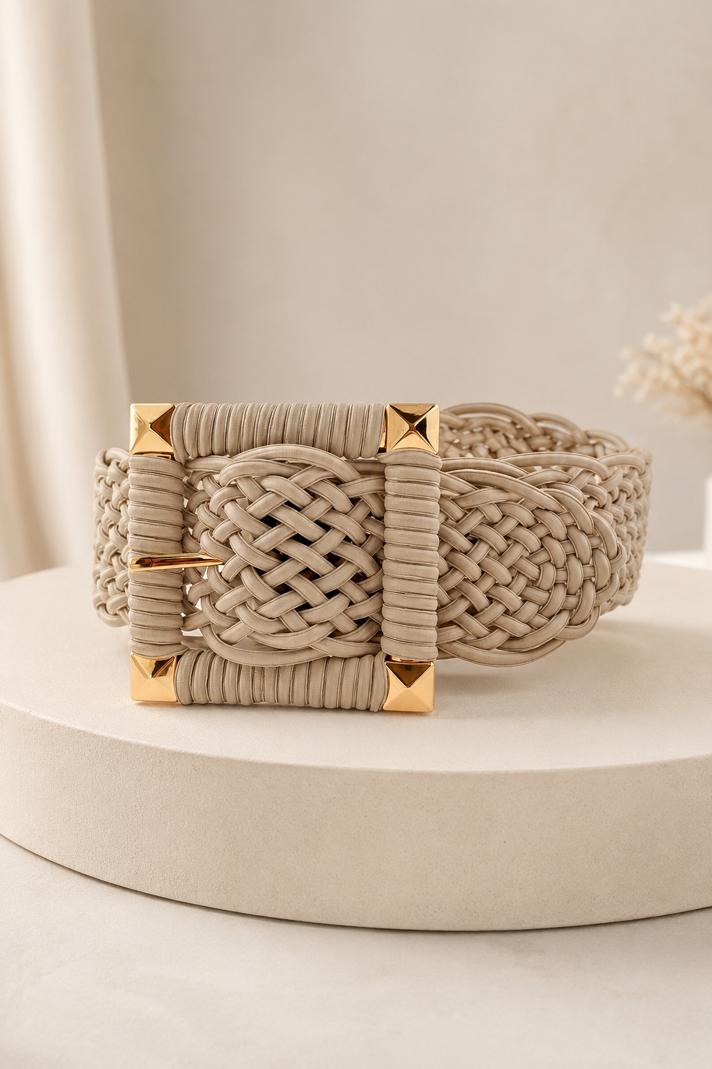 Boho Flechtgürtel Beige/Gold, Eckige Schnalle