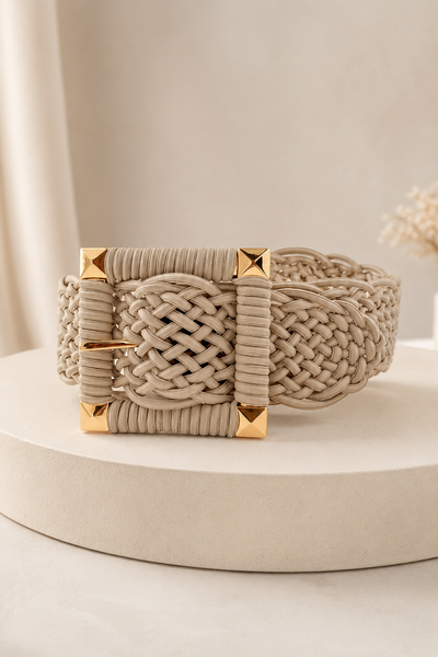Boho Flechtgürtel Beige/Gold, Eckige Schnalle