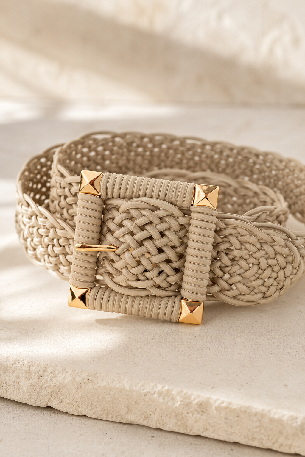 Boho Flechtgürtel Beige/Gold, Eckige Schnalle