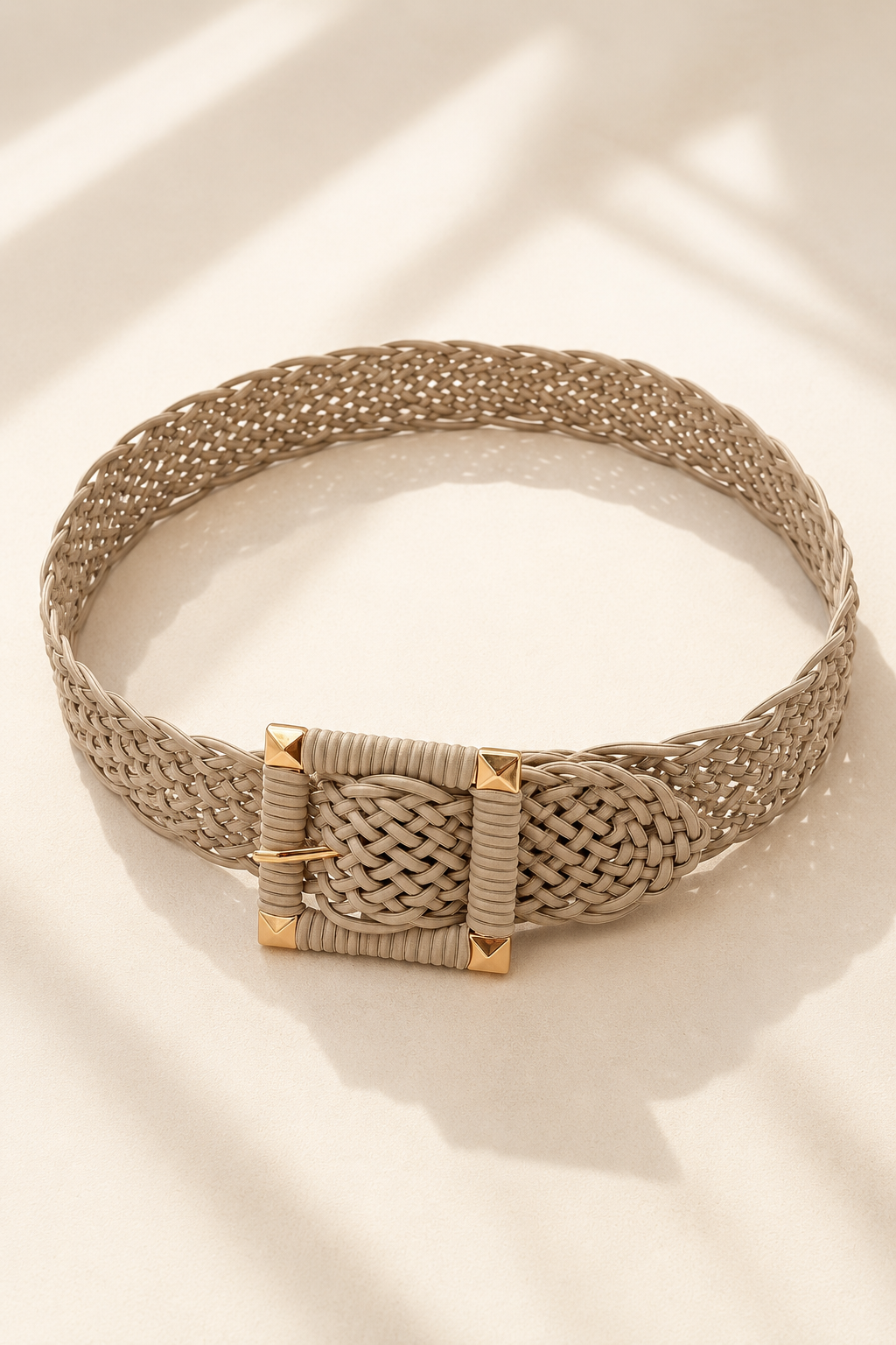 Boho Flechtgürtel Beige/Gold, Eckige Schnalle