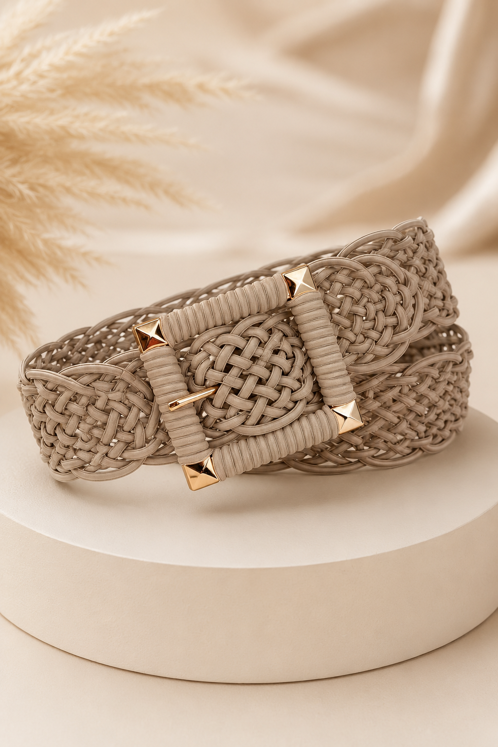 Boho Flechtgürtel Beige/Gold, Eckige Schnalle