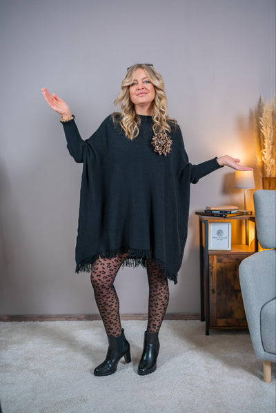 Longpullover mit Fransen und Fledermausärmeln, schwarz