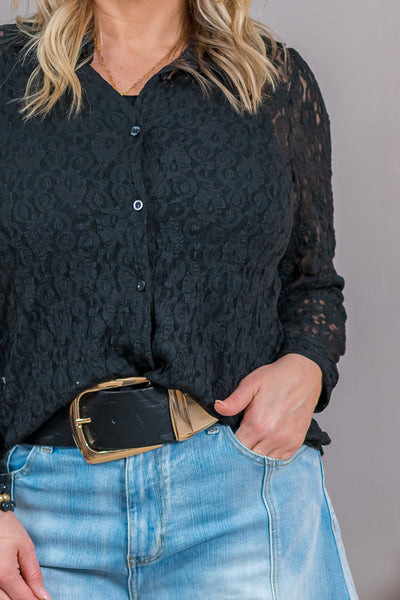 Spitzenbluse mit Hemdkragen, schwarz