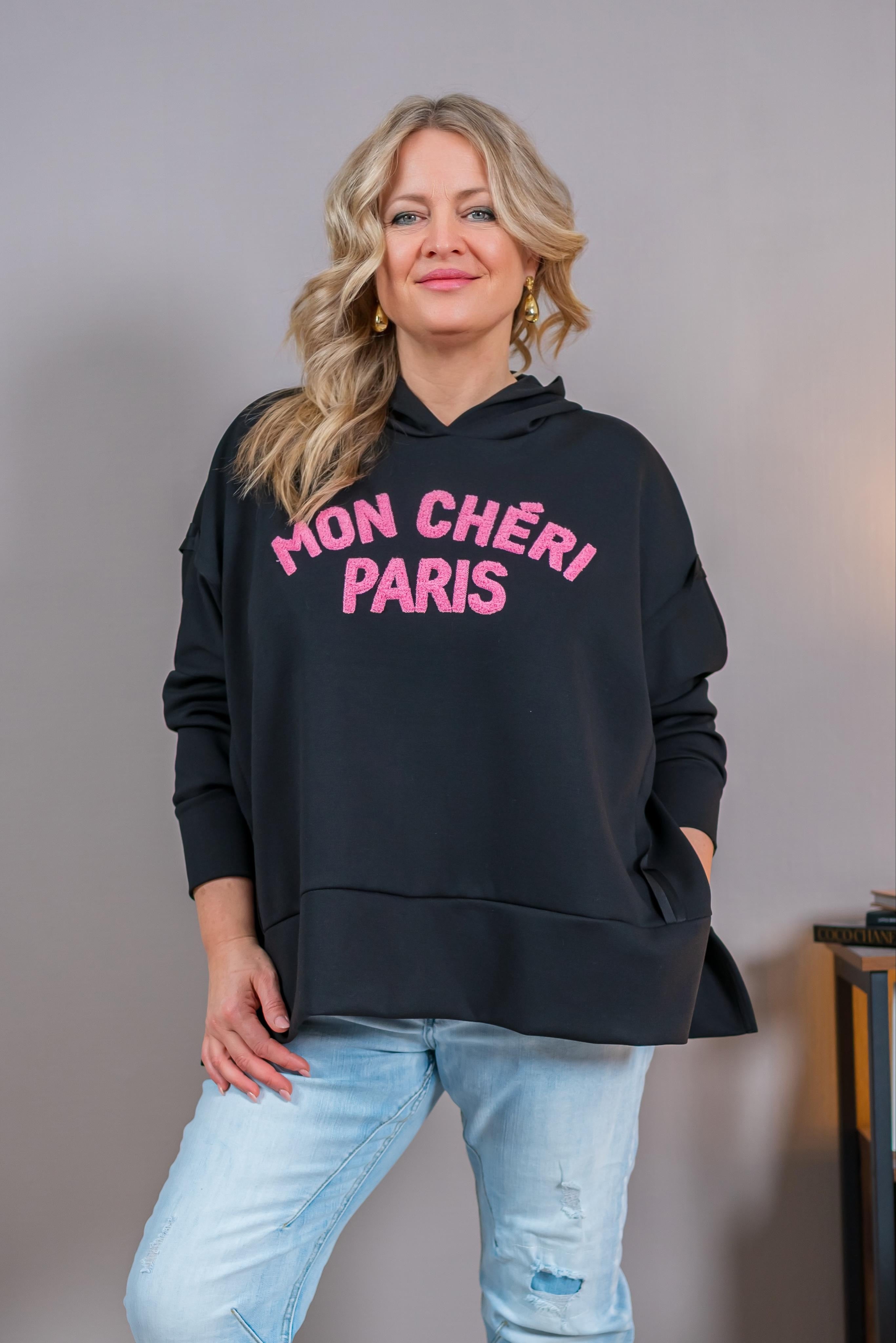 Oversize Hoodie mit Flockprint, schwarz