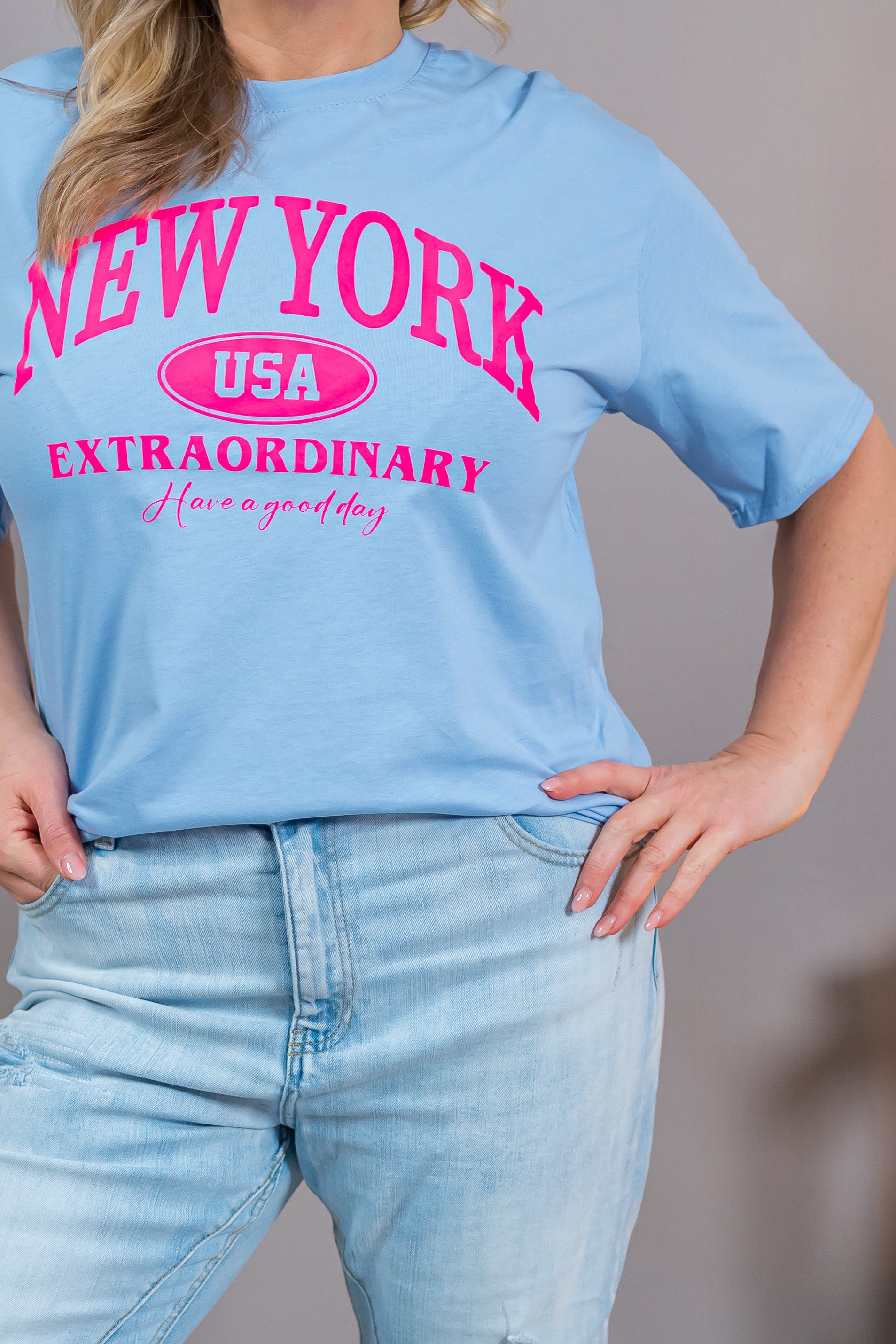 T-Shirt mit Print, babyblau/pink
