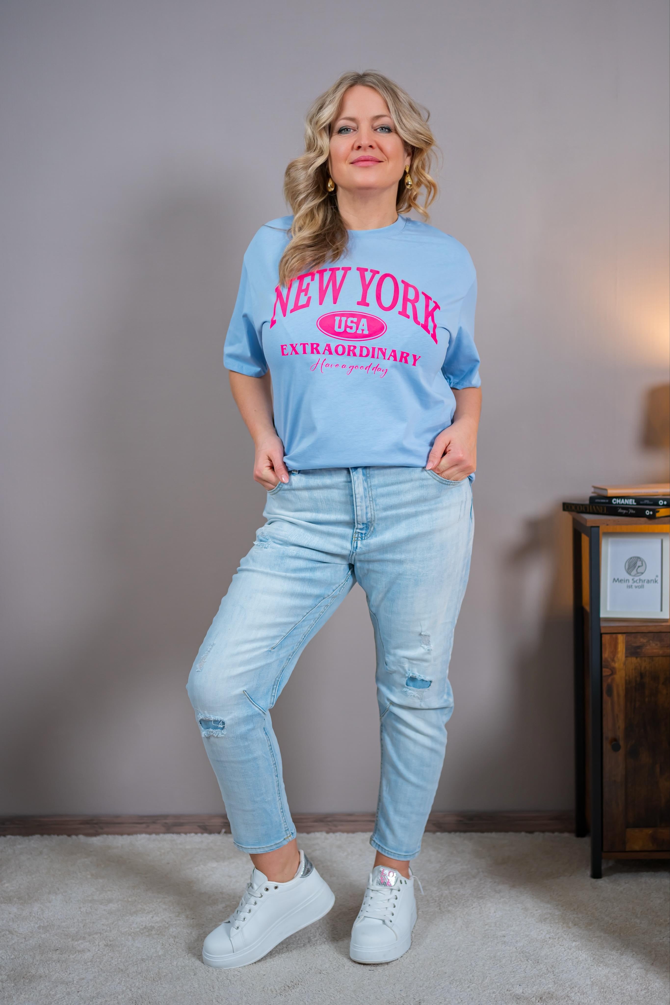 T-Shirt mit Print, babyblau/pink