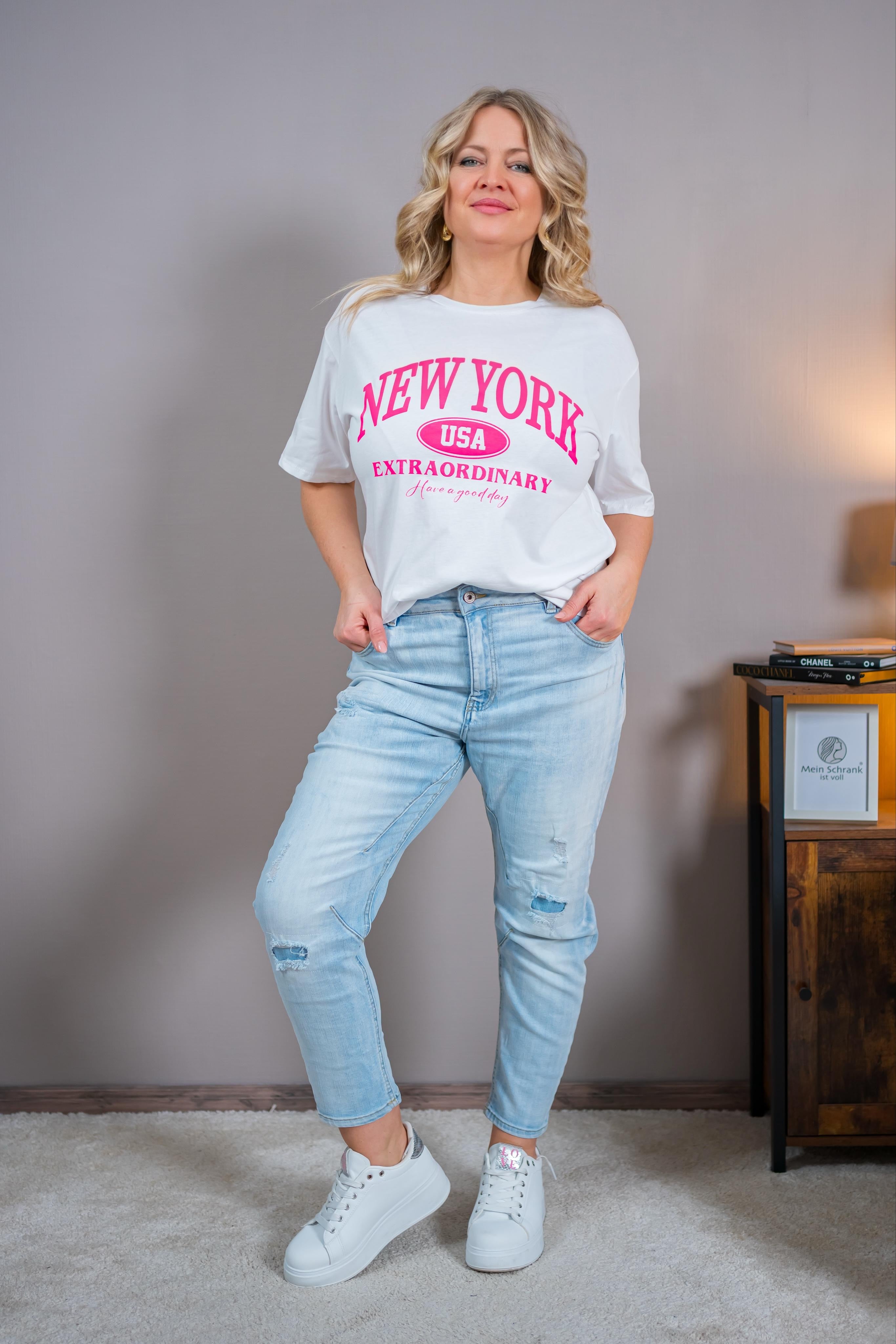 T-Shirt mit Print, weiß/pink