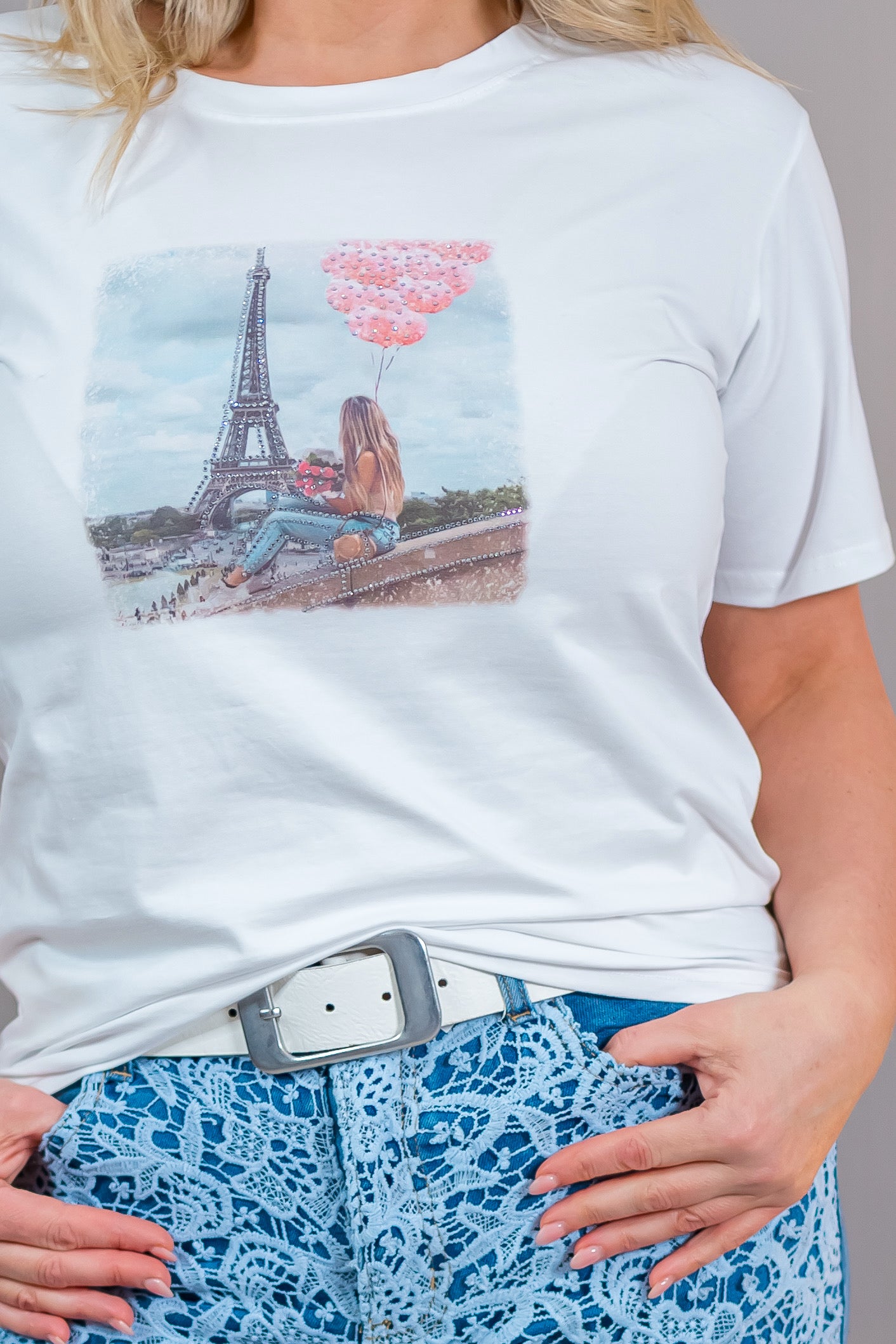 T-Shirt mit Print und Glitzer-Detail, weiß