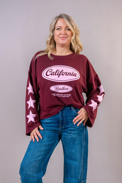 Oversize-Sweatshirt "California" mit Star-Print, bordeaux