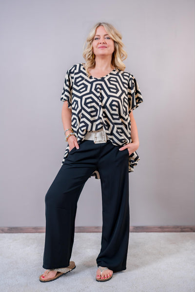 Oversize Tunika mit grafischem Hexagon-Muster, schwarz/creme