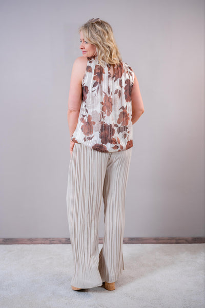 Ärmellose Chiffon-Bluse mit Blütenprint & Glitzerstreifen, braun