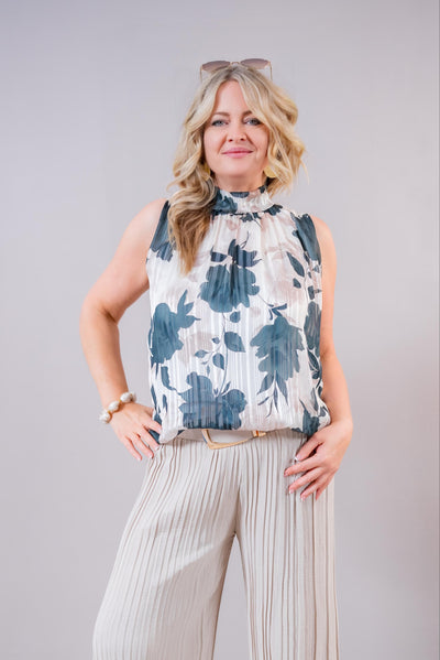 Ärmellose Chiffon-Bluse mit Blütenprint & Glitzerstreifen, dunkelgrün