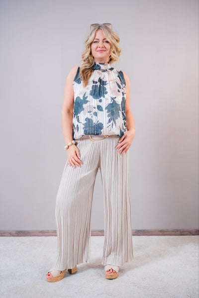 Ärmellose Chiffon-Bluse mit Blütenprint & Glitzerstreifen, dunkelgrün