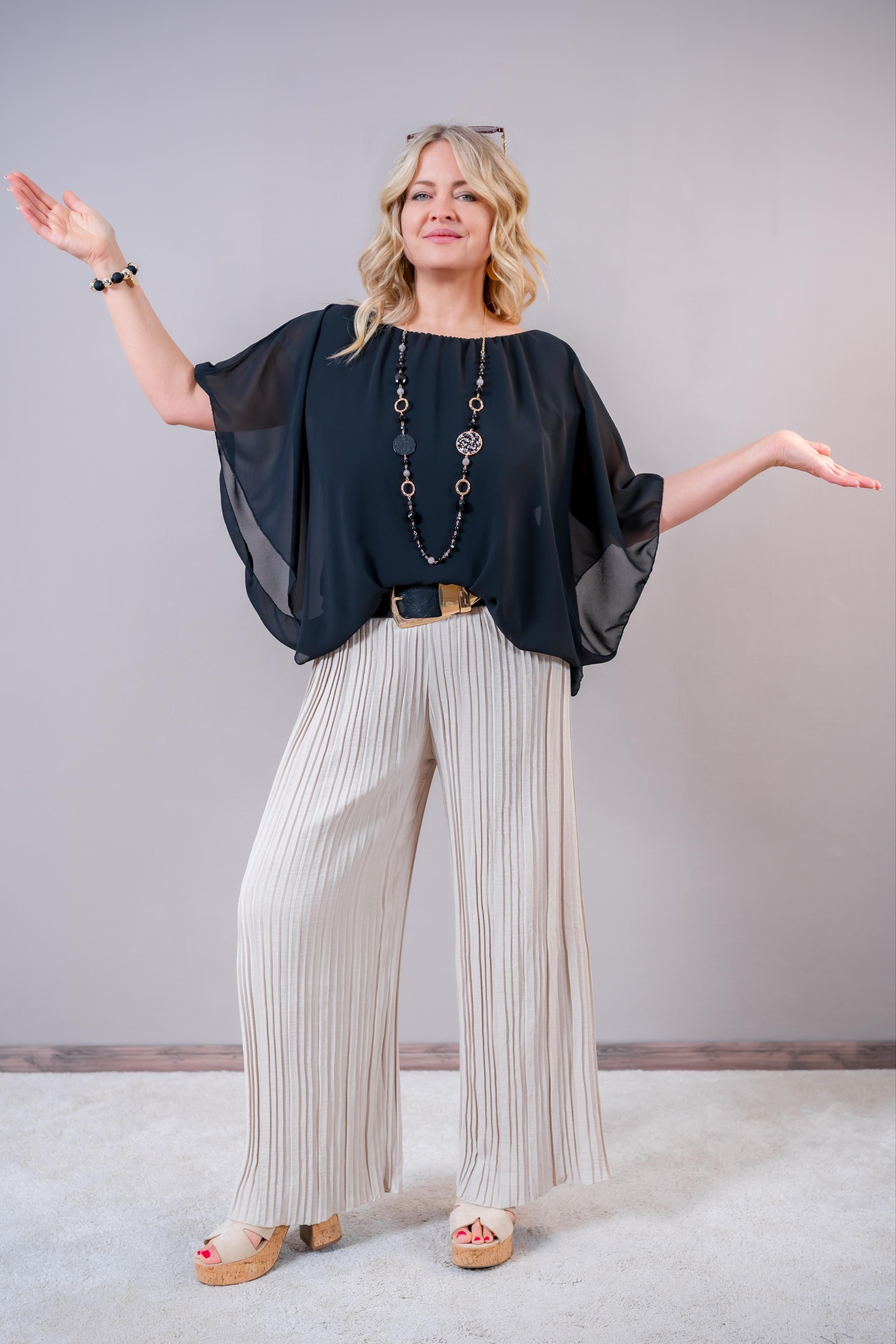 Chiffon-Bluse mit Fledermausärmel, schwarz