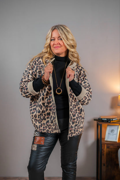 Leo-Sweatjacke mit Kapuze, beige-schwarz