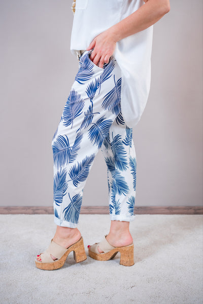 Jogger-Hose mit Palmen-Print, blau/wollweiß