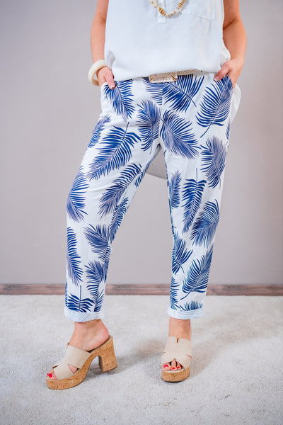 Jogger-Hose mit Palmen-Print, blau/wollweiß