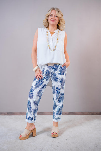 Jogger-Hose mit Palmen-Print, blau/wollweiß