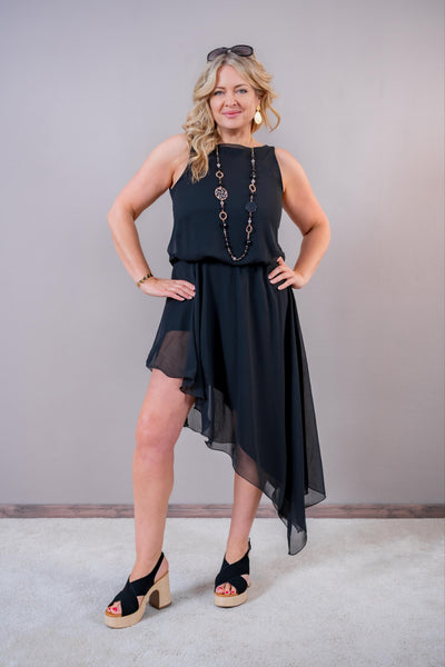 Asymmetrisches Chiffonkleid, schwarz