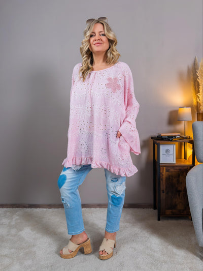 Tunika-Bluse mit Lochstickerei und Blumen-Details, rosa