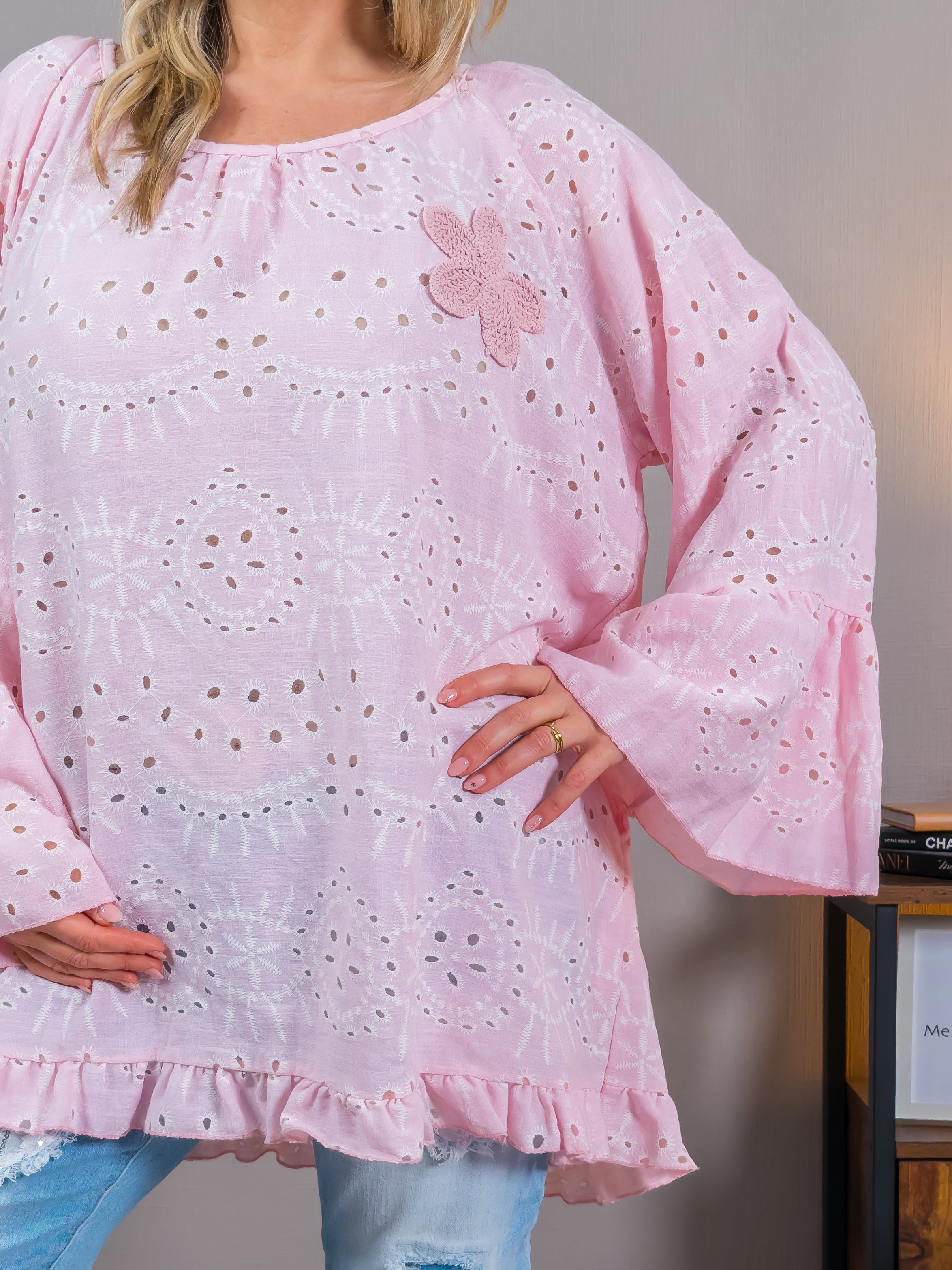 Tunika-Bluse mit Lochstickerei und Blumen-Details, rosa