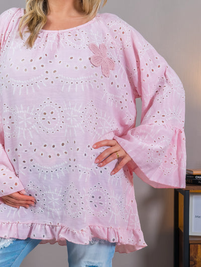 Tunika-Bluse mit Lochstickerei und Blumen-Details, rosa