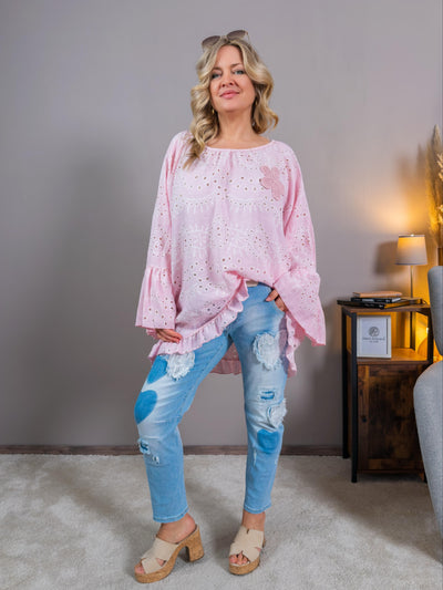 Tunika-Bluse mit Lochstickerei und Blumen-Details, rosa