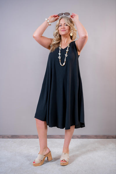 Elegantes Trägerkleid mit V-Ausschnitt, schwarz