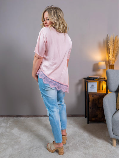Asymmetrisches Shirt mit Spitzenabschluss, rosa