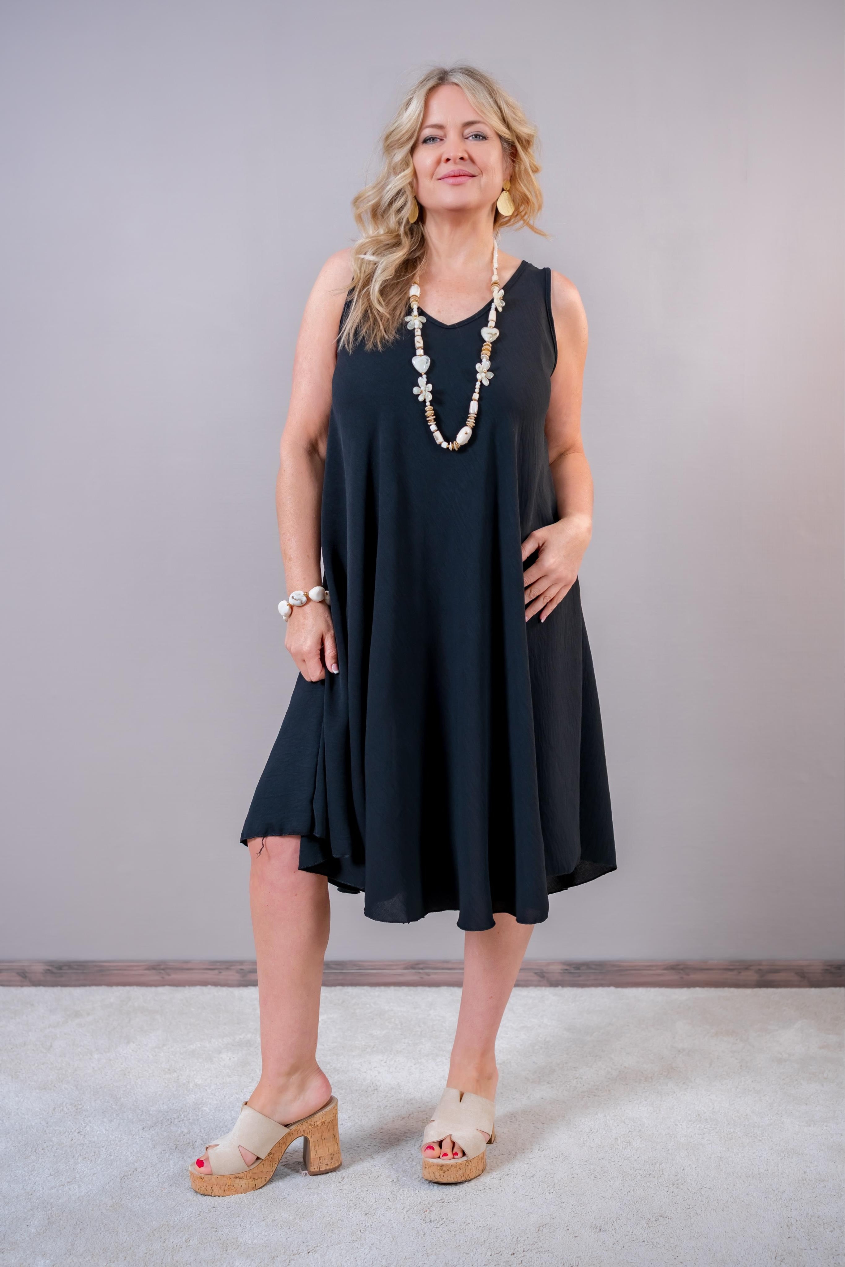 Elegantes Trägerkleid mit V-Ausschnitt, schwarz