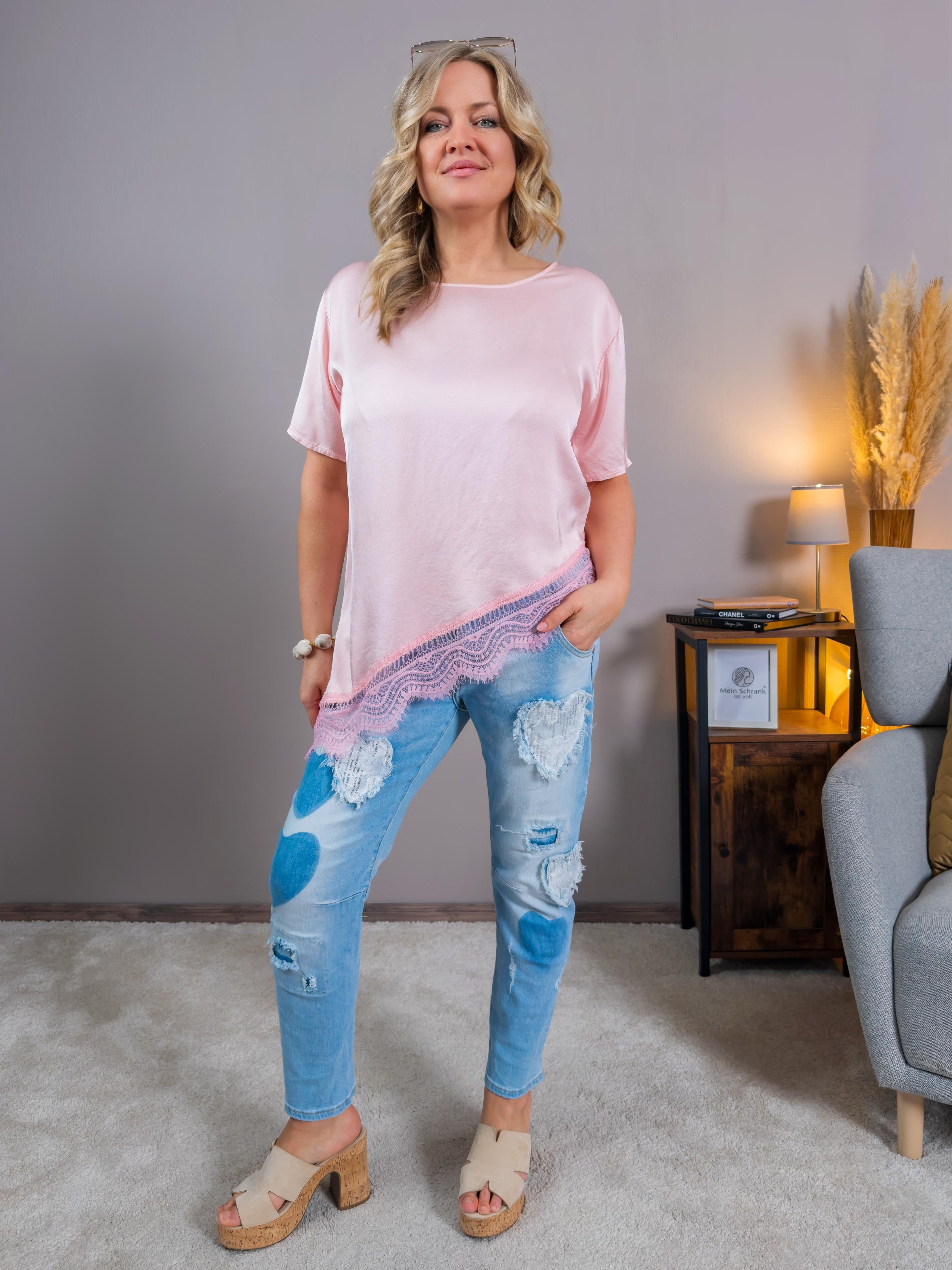 Asymmetrisches Shirt mit Spitzenabschluss, rosa
