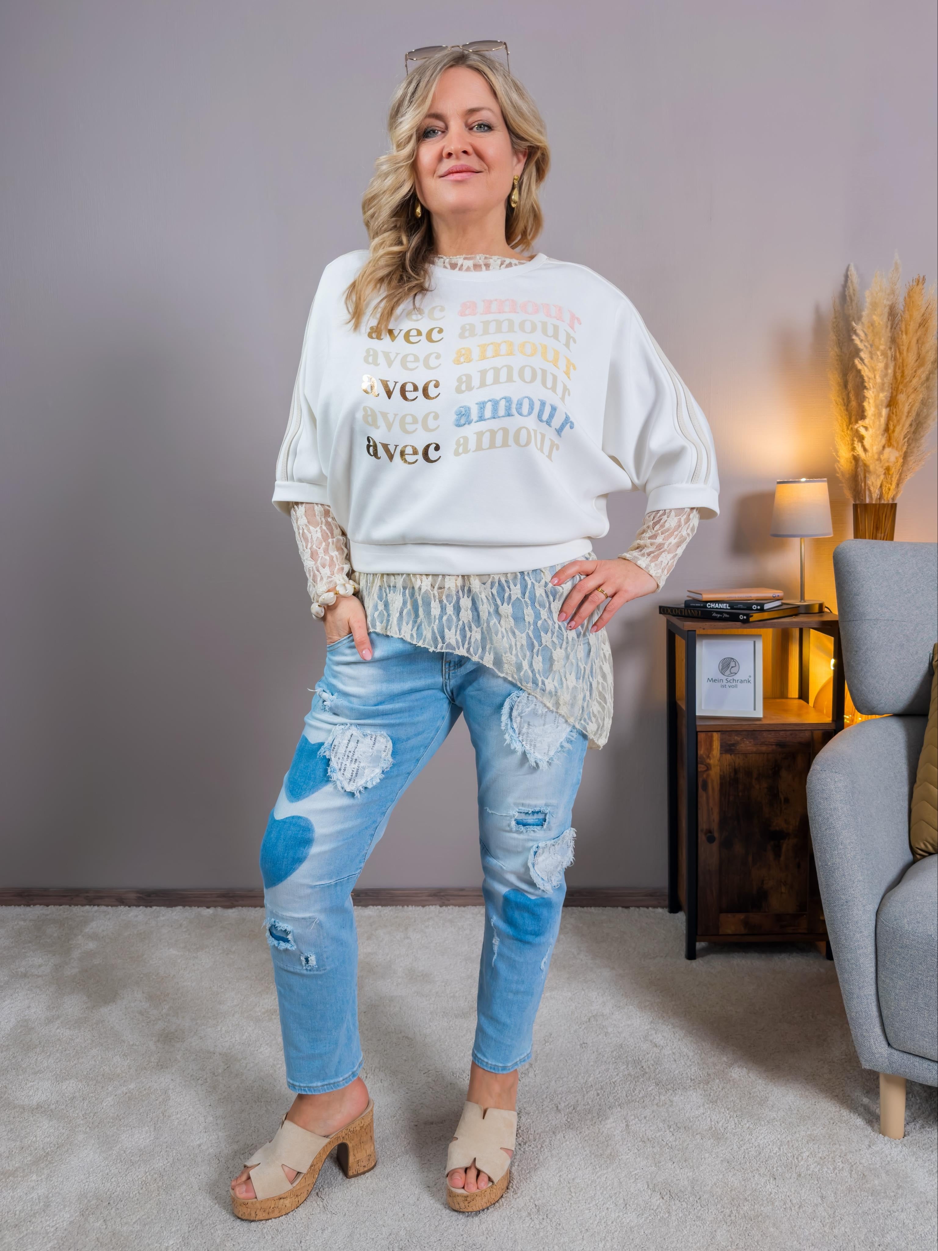 Sweatshirt mit mehrfarbigem Print, creme