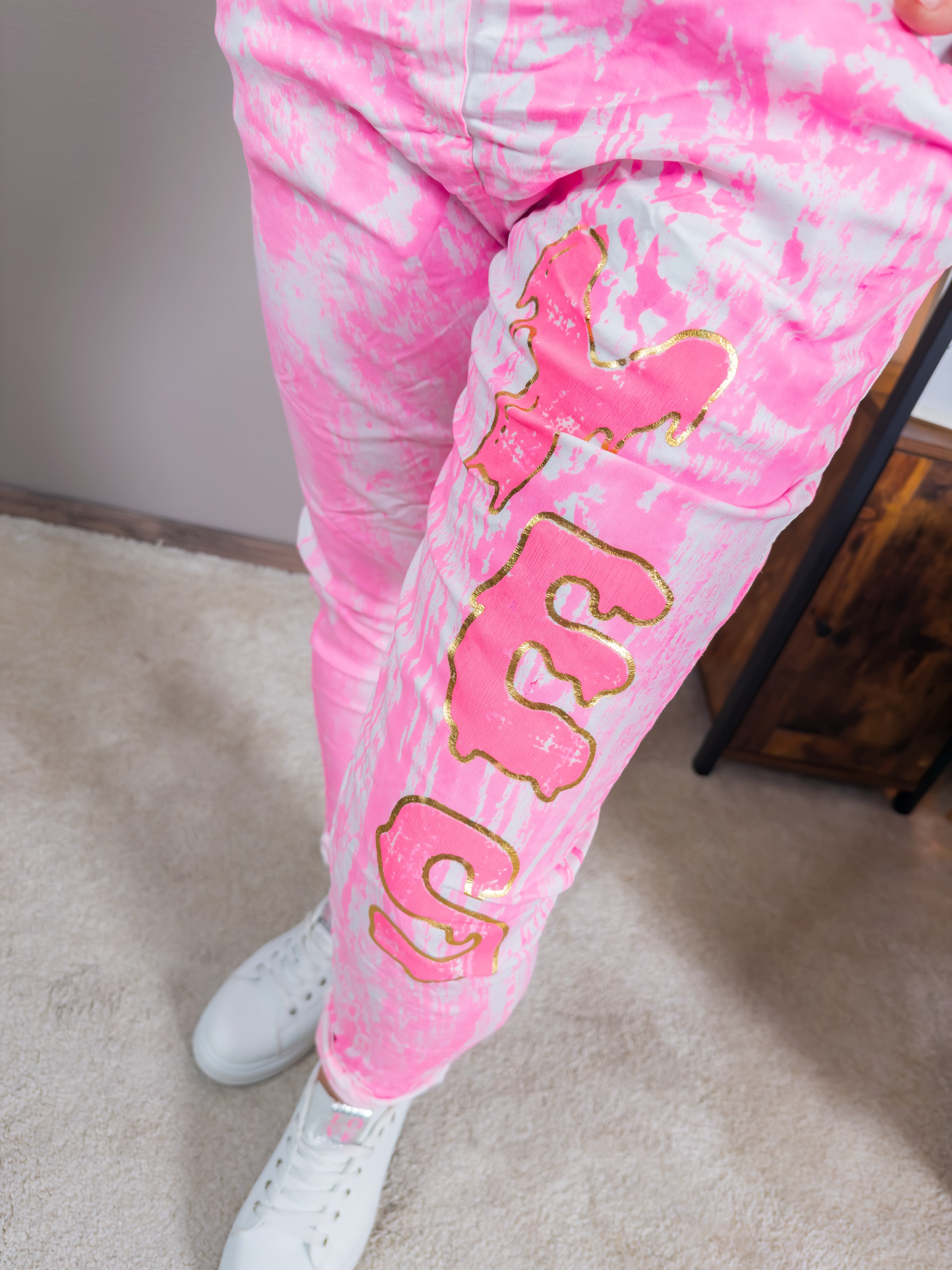 Stretchhose 'YES', pink/weiß