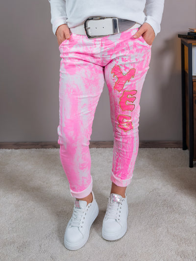 Stretchhose 'YES', pink/weiß