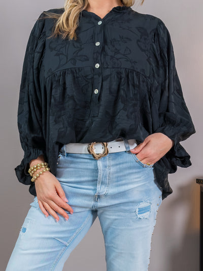 Bluse mit floralem Muster und Fledermausärmeln, schwarz