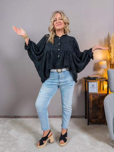 Bluse mit floralem Muster und Fledermausärmeln, schwarz