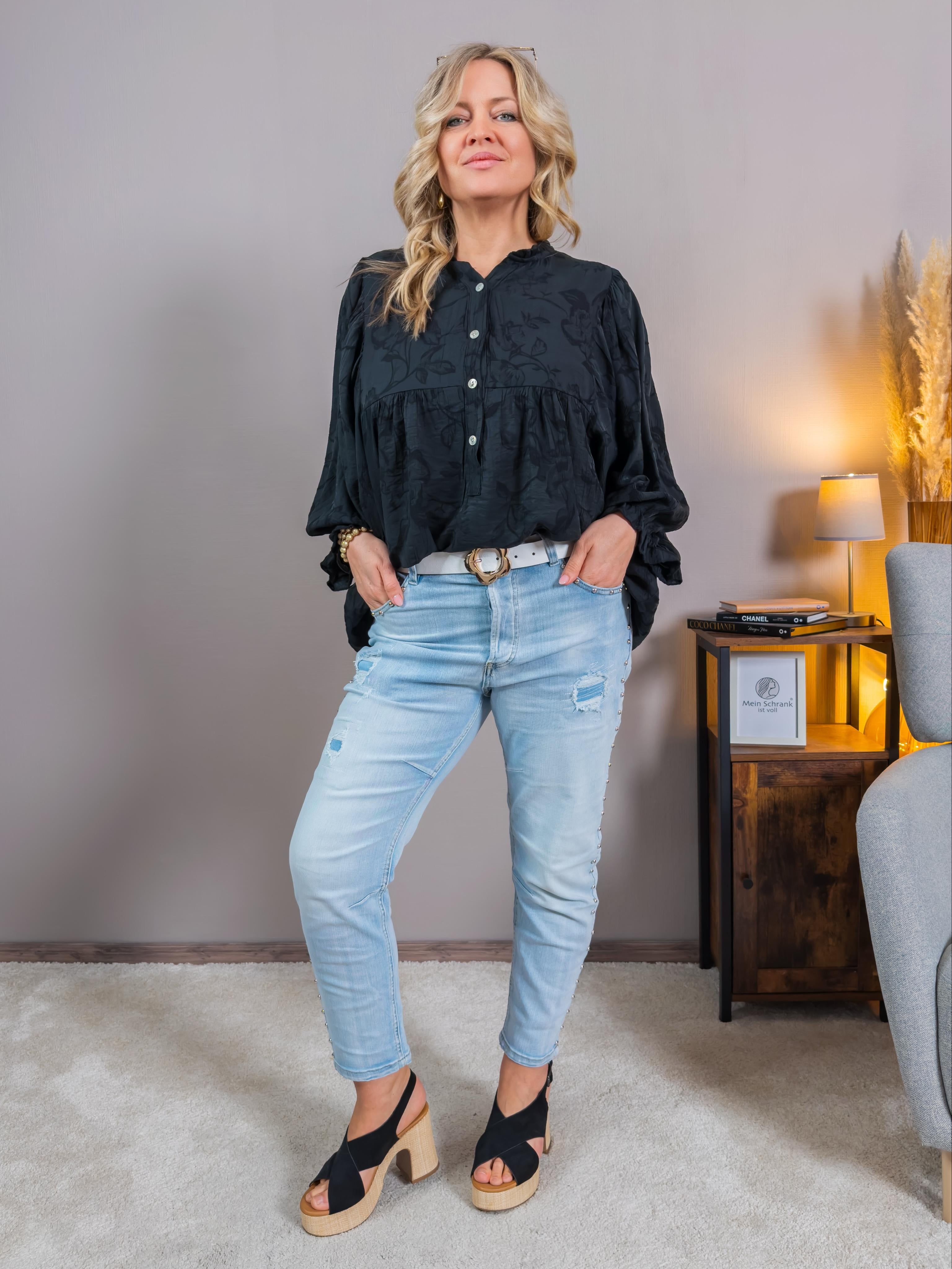 Bluse mit floralem Muster und Fledermausärmeln, schwarz