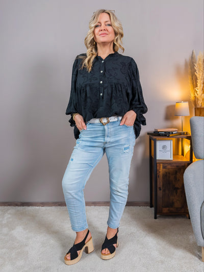 Bluse mit floralem Muster und Fledermausärmeln, schwarz