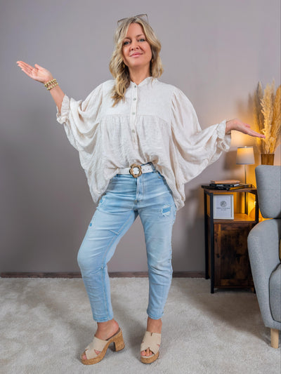 Bluse mit floralem Muster und Fledermausärmeln, creme