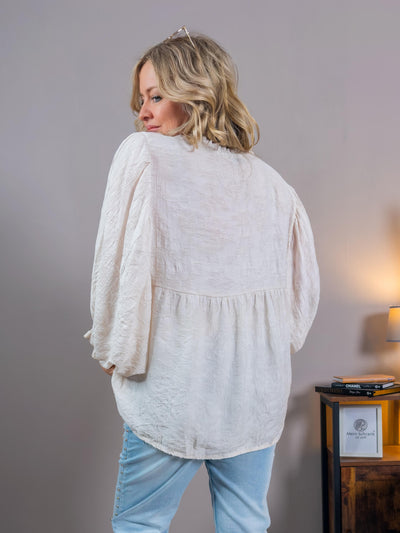 Bluse mit floralem Muster und Fledermausärmeln, creme